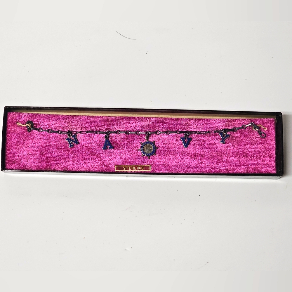 Vintage US Navy Bracelet Enamel Sterling with box